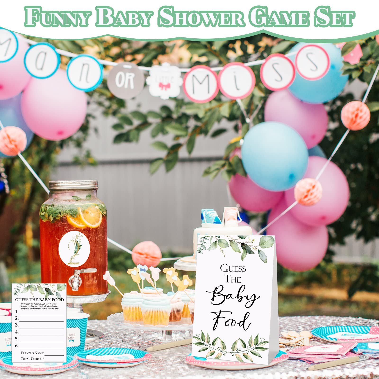 67 Pcs Guess the Baby Food Game Greenery Baby Shower Games Set 1 Standing Sign 50 Answer Cards 10 Pencils 6 Number Stickers for Gender Reveal Party Decoration Supplies