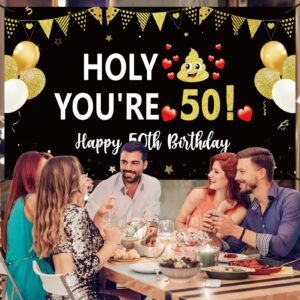 Funny 50th Birthday Banner Decorations for Men Women, Black Gold Happy 50 Birthday Banner Sign Party Supplies, Fifty Birthday Photo Booth Background for Outdoor Indoor