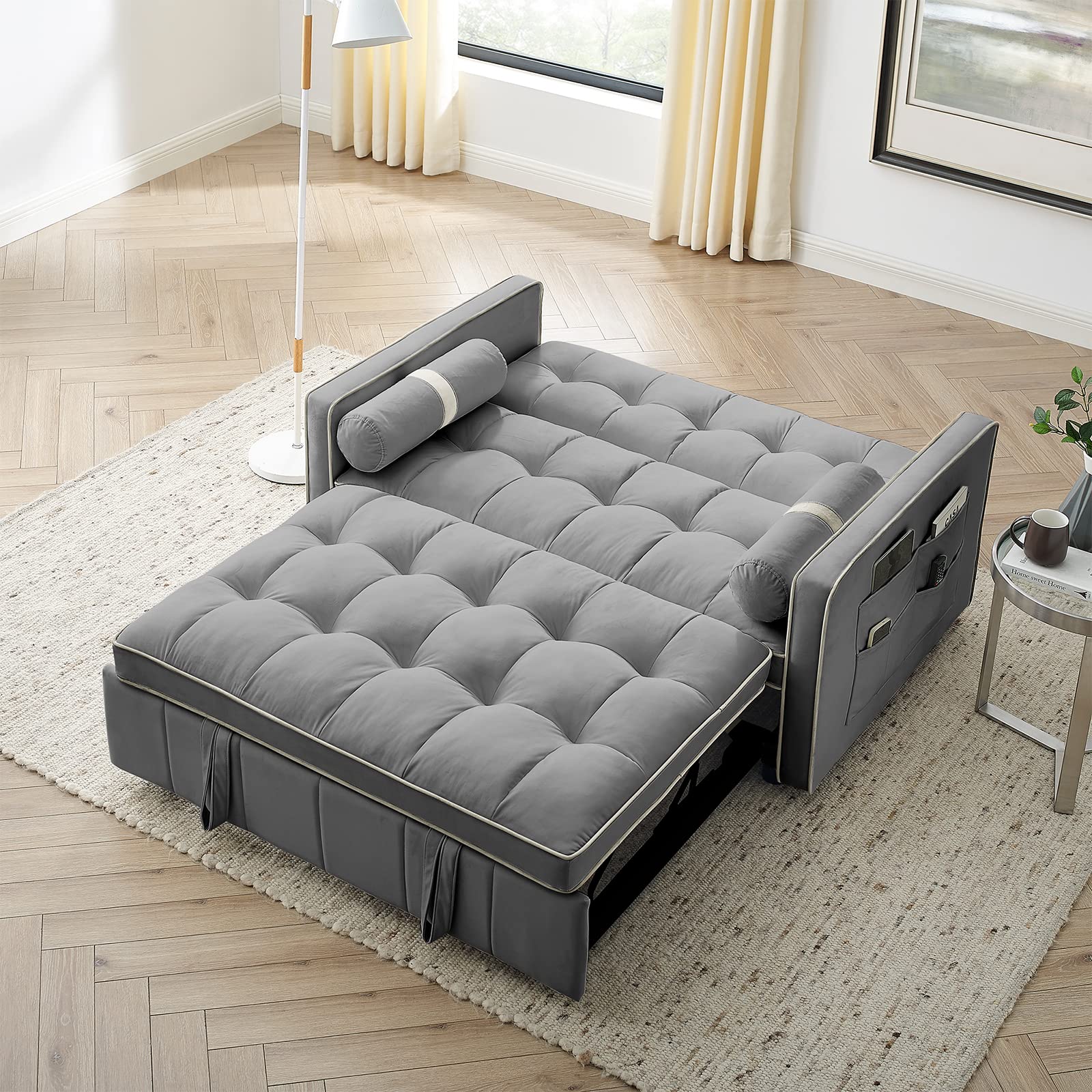 Convertible Sofa Bed,55"Sleeper Bed Modern Velvet Loveseat Futon Sofa Couch with Adjsutable Back and Arm Pockets,Small Spaces Pull Out Sleeper Sofa with 2 Lumbar Pillows for Living Room(Grey)