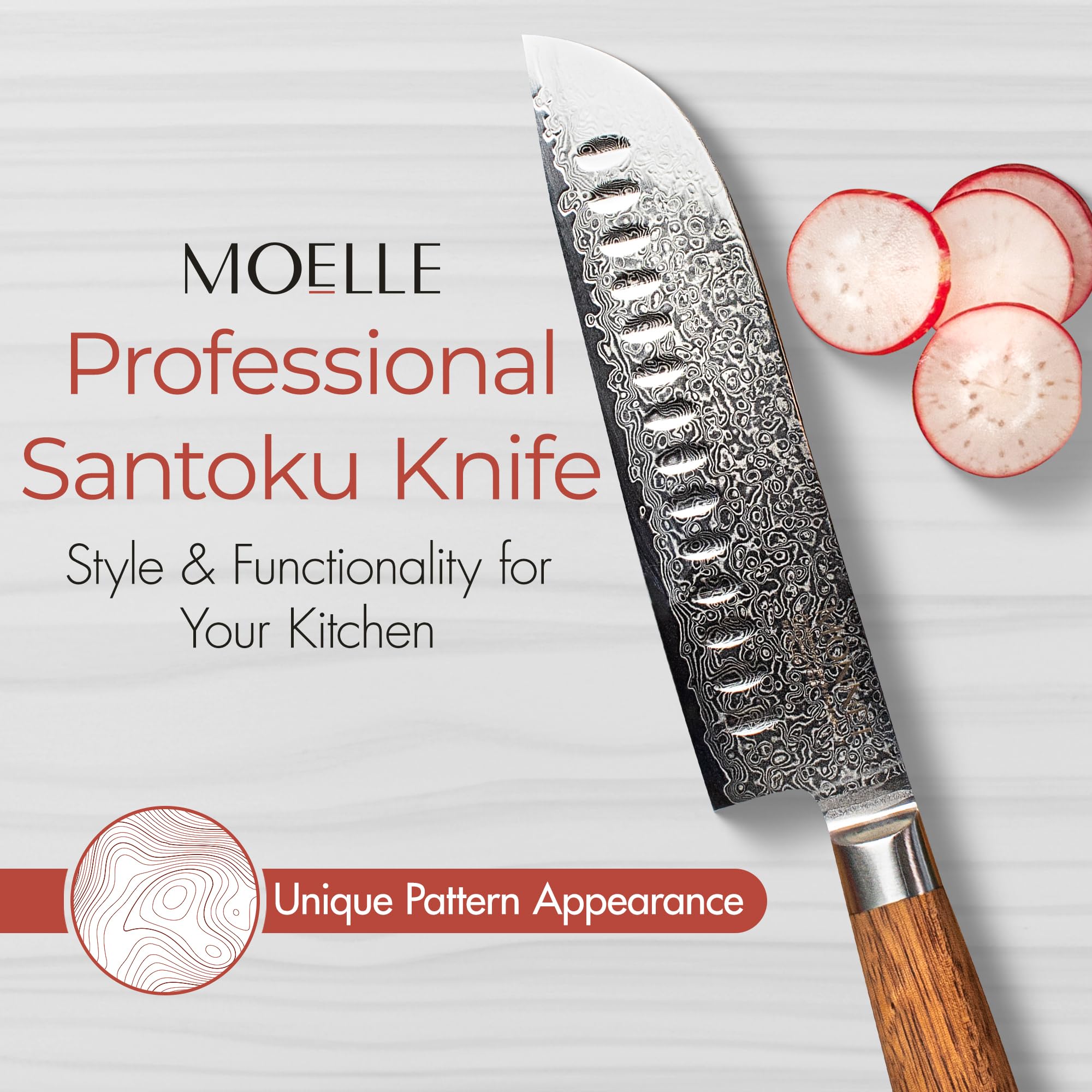 MOELLE Professional 7-Inch Kitchen Knives, Damascus Steel Blade, Sharp Chef's Knife with Sustainable Teak Wood Handle, Danish Design Chef Knives for Cooking - Gift Box Ready