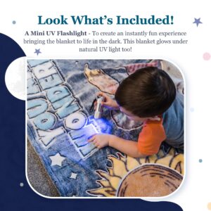 Glow in The Dark Blanket - Super-Sized 59"X71" Plush Space Blanket for Kids & Teens w/Mini UV Flashlight- Soft Thick Polyester Blankets w/Words of Affirmation - Fluffy Kids Blanket for Boys & Girls