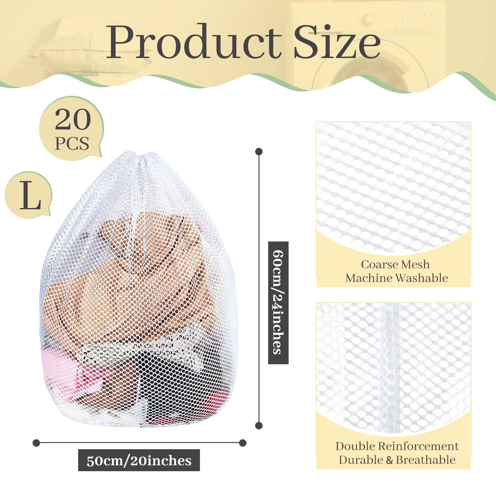 Mesh Laundry Bags with Drawstring 20 x 24'' Machine Washable White Laundry Mesh Bag Sturdy Large Net Laundry Wash Bag for Dormitory College Apartment Travelling Camping（20 Pcs ）