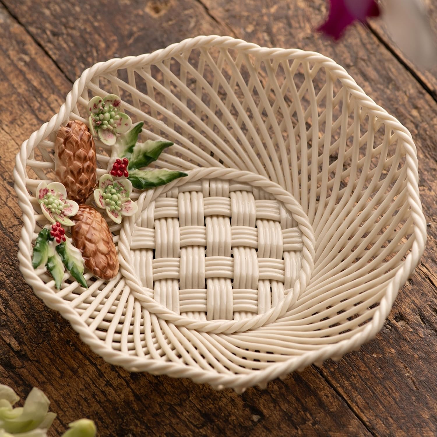 Belleek Wild Irish Hedgerow Winter Basket - Boho Room Decor, Decorative Storage Baskets, Adorned with Pinecones, Holly, and Christmas Rose, 7”D x 1.5”H