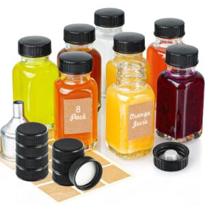 syntic clear reusable ginger shot bottles with caps - 8 pack 2 oz small square glass jars with 8 sealed conical inner caps & 8 airtight lids, wide mouth juice bottles for fridge, extra sticker, funnel