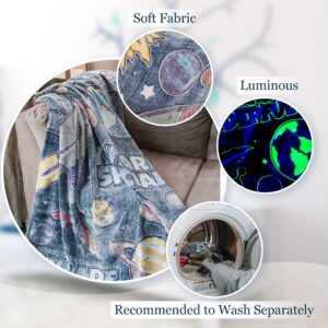 Glow in The Dark Blanket - Super-Sized 59"X71" Plush Space Blanket for Kids & Teens w/Mini UV Flashlight- Soft Thick Polyester Blankets w/Words of Affirmation - Fluffy Kids Blanket for Boys & Girls