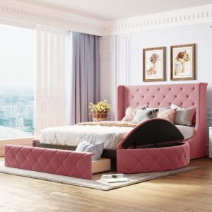 softsea queen size velvet platform bed frame with storage, upholstered tufted bed frame with wingback headboard, 1 big drawer and 2 side storage stool, easy assembly, pink