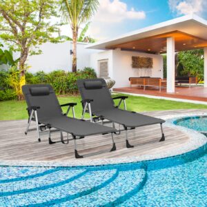 Tangkula Folding Chaise Lounge Chair, Adjustable 7-Position Recliner with Removable Headrest and Cup Holder, Holds 330LBS Weight Capacity, Portable Tri-fold Patio Lounger for Sunbathing (1, Grey)