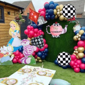 129PCS Alice in Wonderland Balloon Arch kit,Blue Pink Gold Balloons,Playing Card Aluminum Film Balloon,Checkerboard Foil Balloons,for Alice Theme Birthday Party,Baby Shower,Tea party Decorations (A)