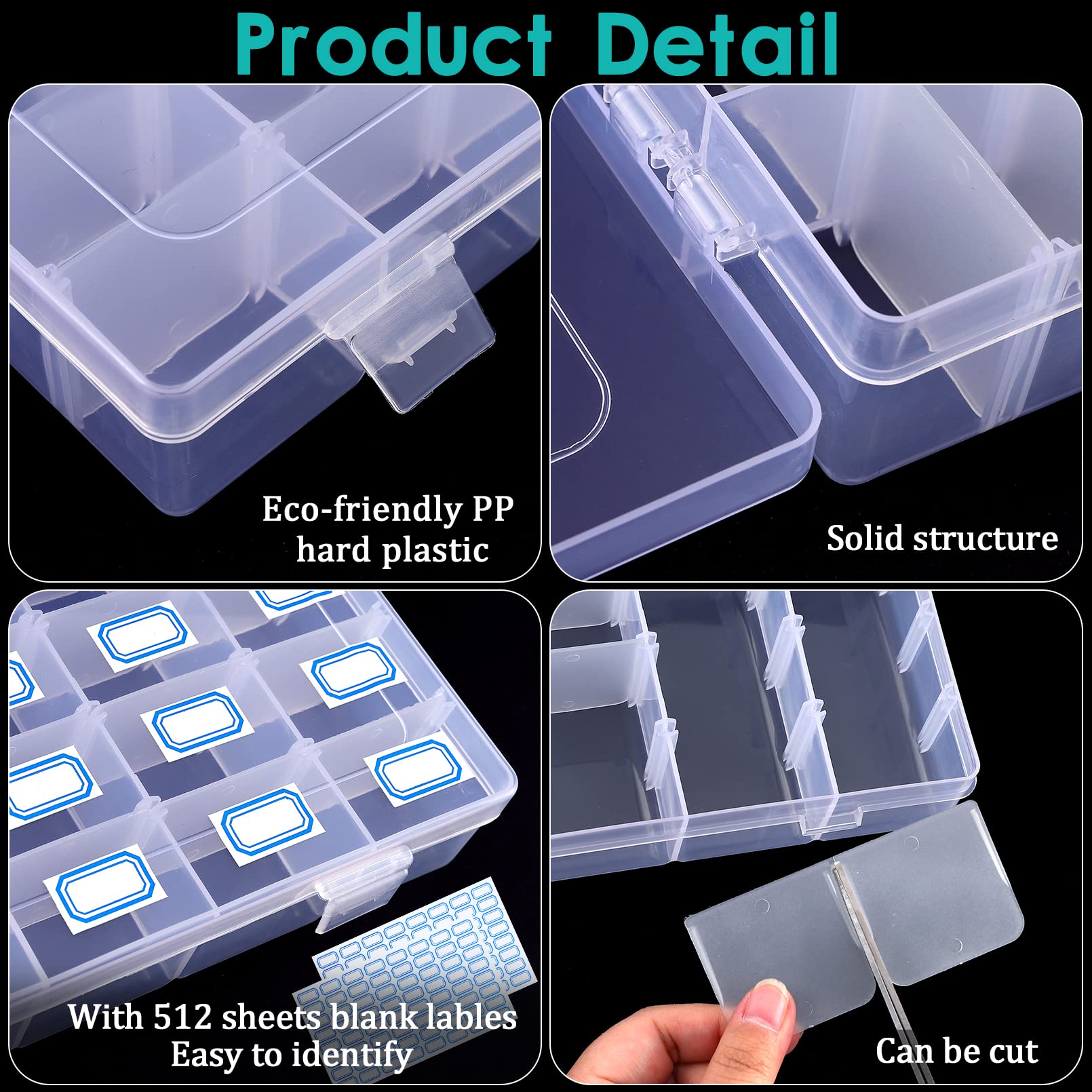 PLMMOUT 4 Pack Clear Plastic Organizer Box,36 Grids Clear Bead Organizer with Adjustable Divider for Bead Art DIY Craft Jewelry Fishing with 512 Label Stickers