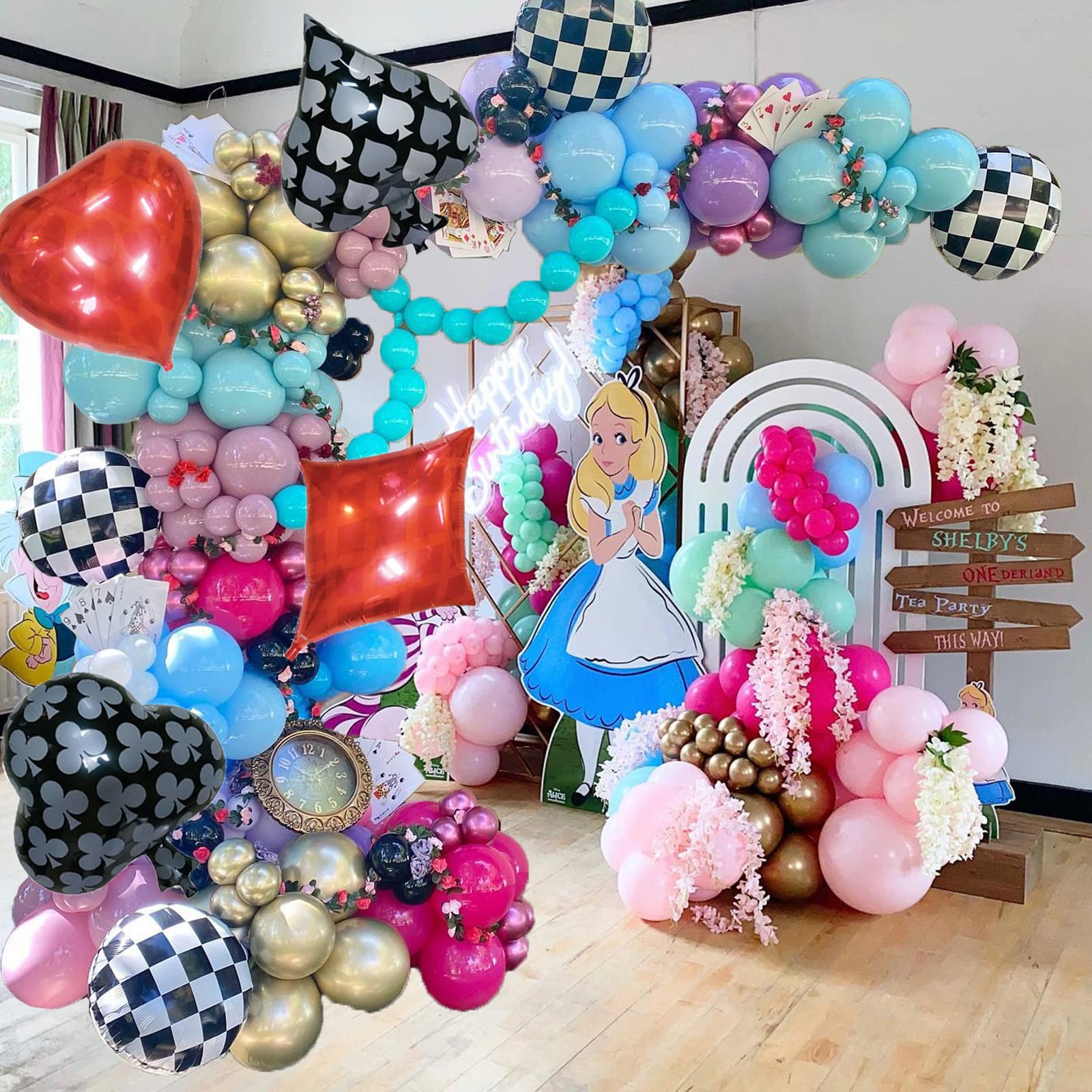 129PCS Alice in Wonderland Balloon Arch kit,Blue Pink Gold Balloons,Playing Card Aluminum Film Balloon,Checkerboard Foil Balloons,for Alice Theme Birthday Party,Baby Shower,Tea party Decorations (A)