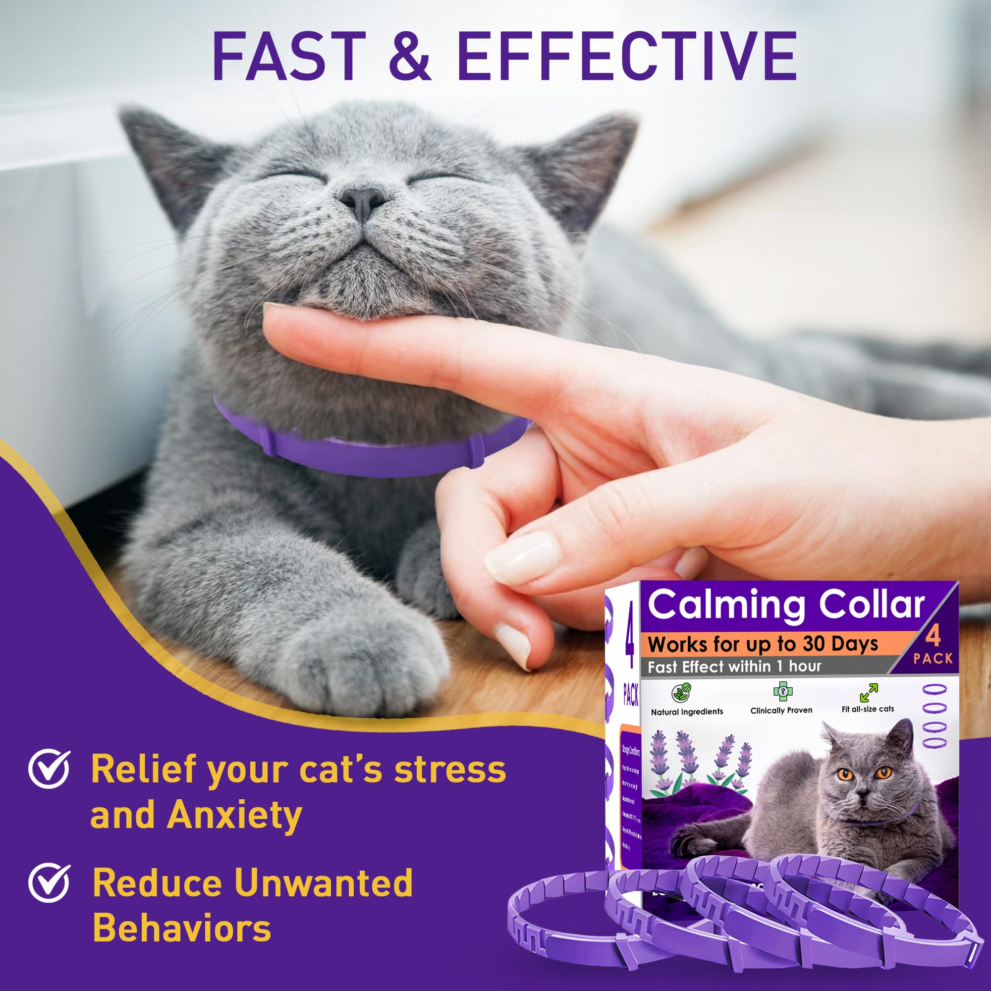 PetAtlas 4 Pack Calming Collar for Cats – Pheromone Cat Calming Collar Cat Anxiety Relief and Stress – Adjustable Water Resistant Breakaway Calming Collars Natural Ingredients Pheromones Rapid Effect