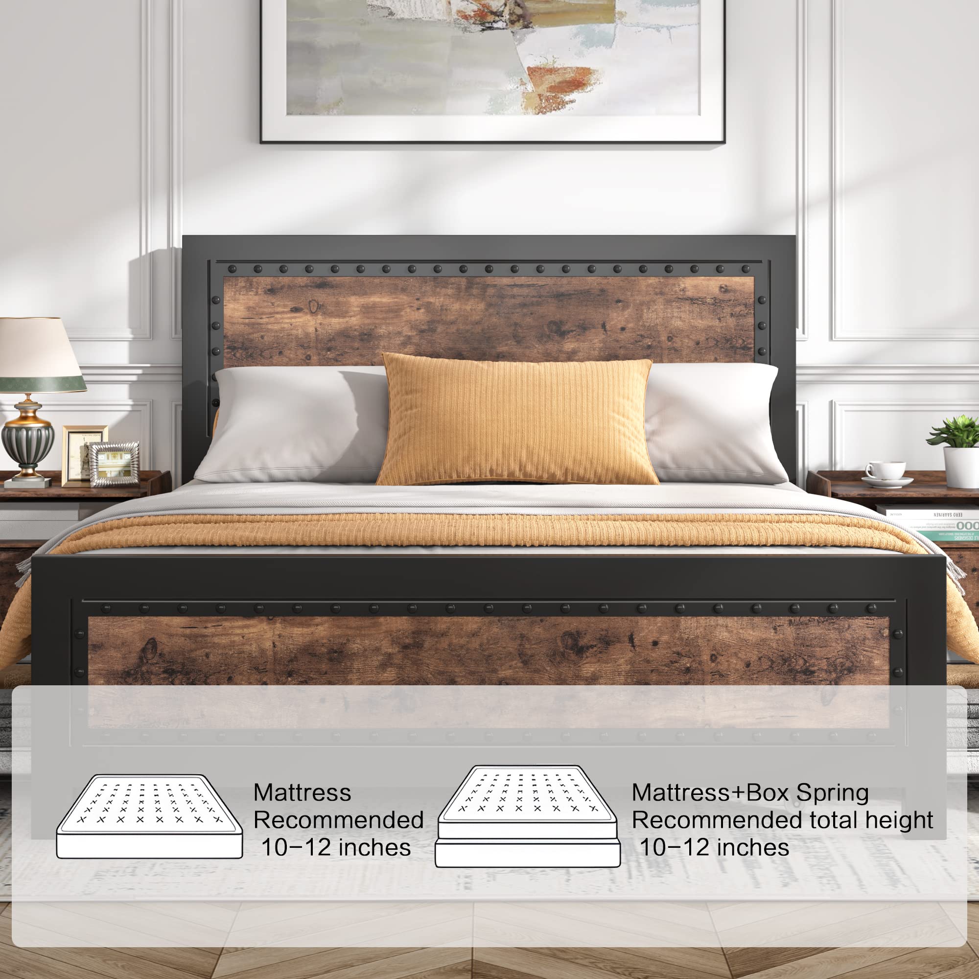 Keyluv Queen Bed Frame with 4 Storage Drawers, Rivet Modern Headboard and Footboard Platform Bed with Solid Wood Slats Support, No Box Spring Needed, Metal, Mattress Foundation Noise-Free