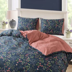 NEWLAKE Cotton Duvet Cover Queen Size - Soft Breathable Duvet Cover Set 3 Pieces with Zipper Closure, 1 Duvet Cover 90x90 Inches and 2 Pillow Shams, Navy Classic Floral Pattern