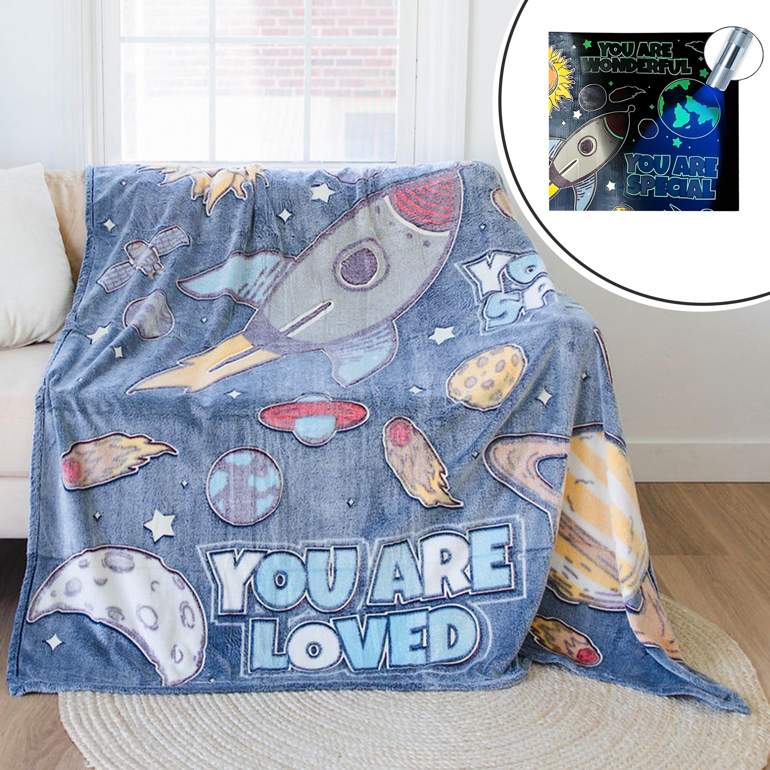 Glow in The Dark Blanket - Super-Sized 59"X71" Plush Space Blanket for Kids & Teens w/Mini UV Flashlight- Soft Thick Polyester Blankets w/Words of Affirmation - Fluffy Kids Blanket for Boys & Girls