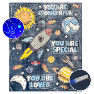 Glow in The Dark Blanket - Super-Sized 59"X71" Plush Space Blanket for Kids & Teens w/Mini UV Flashlight- Soft Thick Polyester Blankets w/Words of Affirmation - Fluffy Kids Blanket for Boys & Girls