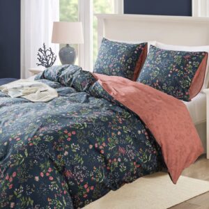 NEWLAKE Cotton Duvet Cover Queen Size - Soft Breathable Duvet Cover Set 3 Pieces with Zipper Closure, 1 Duvet Cover 90x90 Inches and 2 Pillow Shams, Navy Classic Floral Pattern