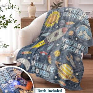 Glow in The Dark Blanket - Super-Sized 59"X71" Plush Space Blanket for Kids & Teens w/Mini UV Flashlight- Soft Thick Polyester Blankets w/Words of Affirmation - Fluffy Kids Blanket for Boys & Girls