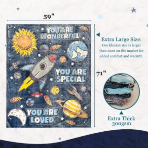 Glow in The Dark Blanket - Super-Sized 59"X71" Plush Space Blanket for Kids & Teens w/Mini UV Flashlight- Soft Thick Polyester Blankets w/Words of Affirmation - Fluffy Kids Blanket for Boys & Girls