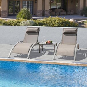 domi pool lounge chairs set of 3,aluminum adjustable outdoor chaise lounge with side table,all weather poolside chairs for deck lawn poolside, textilene (khaki)