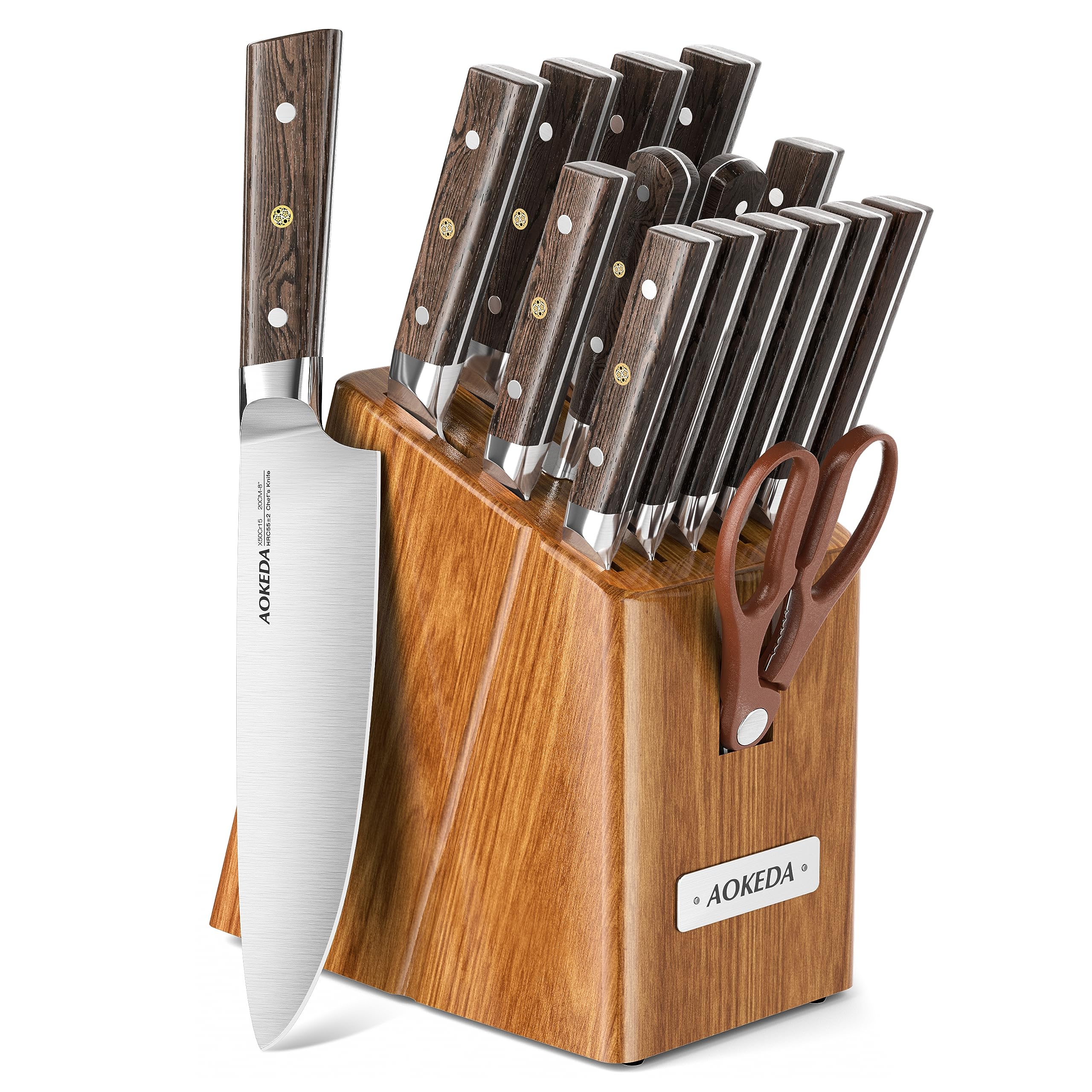 AOKEDA 16-Piece Kitchen Knife Set with Block, High Carbon German Steel, with Sharpener and Kitchen Shears (Natural Wenge)