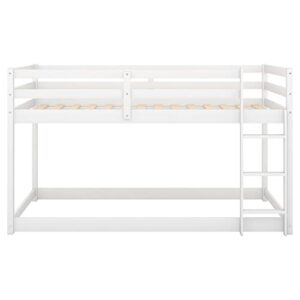 Merax Twin Over Twin Floor Bunk Bed with Ladder, White