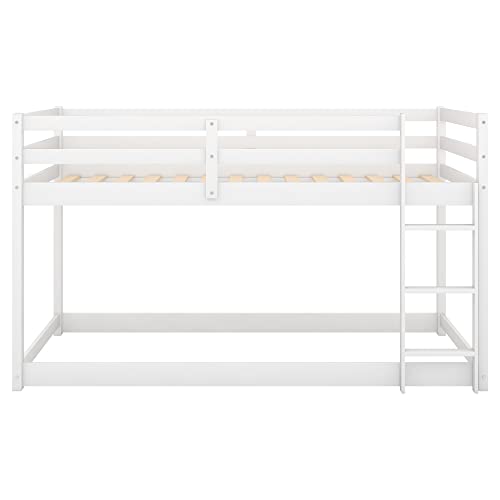 Merax Twin Over Twin Floor Bunk Bed with Ladder, White