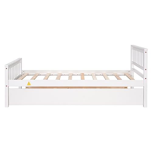 HomSof Twin Trundle, Platform Bed Frame with Headboard and Footboard,for Bedroom Small Living Space, White