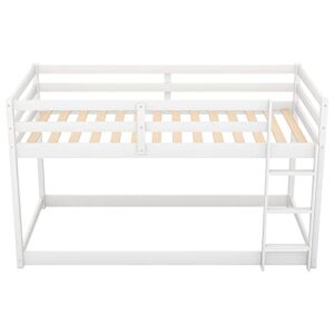 Merax Twin Over Twin Floor Bunk Bed with Ladder, White