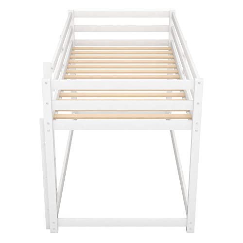 Merax Twin Over Twin Floor Bunk Bed with Ladder, White