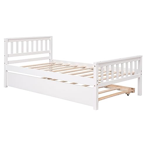 HomSof Twin Trundle, Platform Bed Frame with Headboard and Footboard,for Bedroom Small Living Space, White