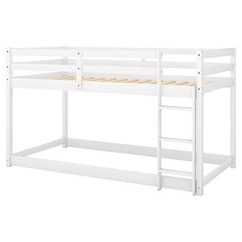 Merax Twin Over Twin Floor Bunk Bed with Ladder, White