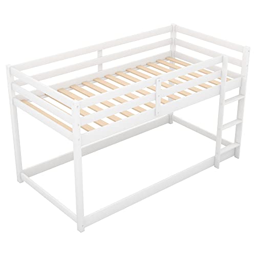 Merax Twin Over Twin Floor Bunk Bed with Ladder, White