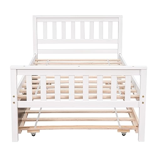 HomSof Twin Trundle, Platform Bed Frame with Headboard and Footboard,for Bedroom Small Living Space, White