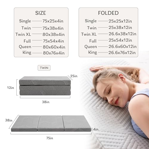 Tri-Fold Memory Foam Mattress, 4 inch Queen Folding Mattress with Collapsible and Washable Cover, Travel and Guest Mat, 80"×60"×4", Grey