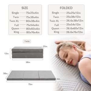 Tri-Fold Memory Foam Mattress, 4 inch Full Folding Mattress with Collapsible and Washable Cover, Travel and Guest Mat, 75"×54"×4", Grey