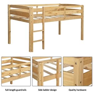 Merax Twin Size Wood Low Loft Bed Frame for Kids Junior Low Loft Bunk Bed with Full Length Guardrails Walnut