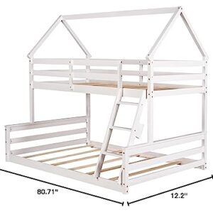 Merax Wood Bunk Bed with Ladder Twin Over Full,Montessori Low Bunk Bed for Boys, Girls Space-Saving,No Box Spring Needed White