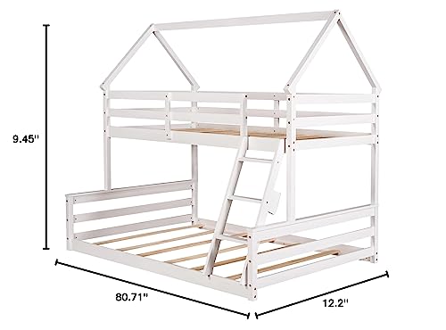 Merax Wood Bunk Bed with Ladder Twin Over Full,Montessori Low Bunk Bed for Boys, Girls Space-Saving,No Box Spring Needed White