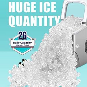 Ice Makers Countertop - Silonn Portable Ice Maker Machine for Countertop, Make 26 lbs Ice in 24 hrs, 2 Sizes of Bullet-Shaped Ice with Ice Scoop and Basket, Grey