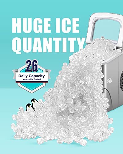 Ice Makers Countertop - Silonn Portable Ice Maker Machine for Countertop, Make 26 lbs Ice in 24 hrs, 2 Sizes of Bullet-Shaped Ice with Ice Scoop and Basket, Grey