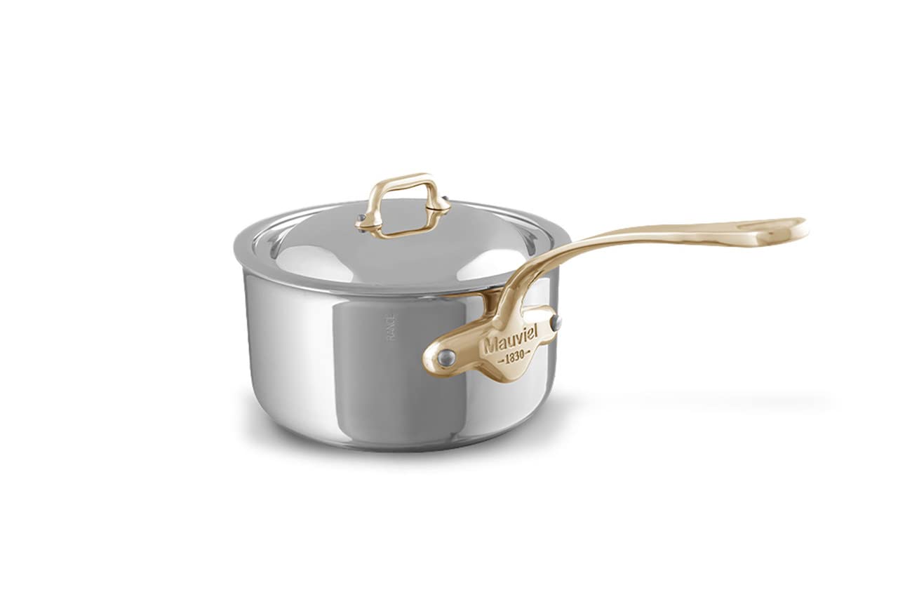 Mauviel M'Cook B 5-Ply Polished Stainless Steel Sauce Pan With Lid, And Brass Handle, 3.4-qt, Made In France