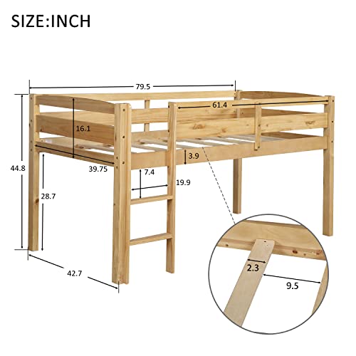 Merax Twin Size Wood Low Loft Bed Frame for Kids Junior Low Loft Bunk Bed with Full Length Guardrails Walnut