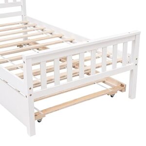 HomSof Twin Trundle, Platform Bed Frame with Headboard and Footboard,for Bedroom Small Living Space, White