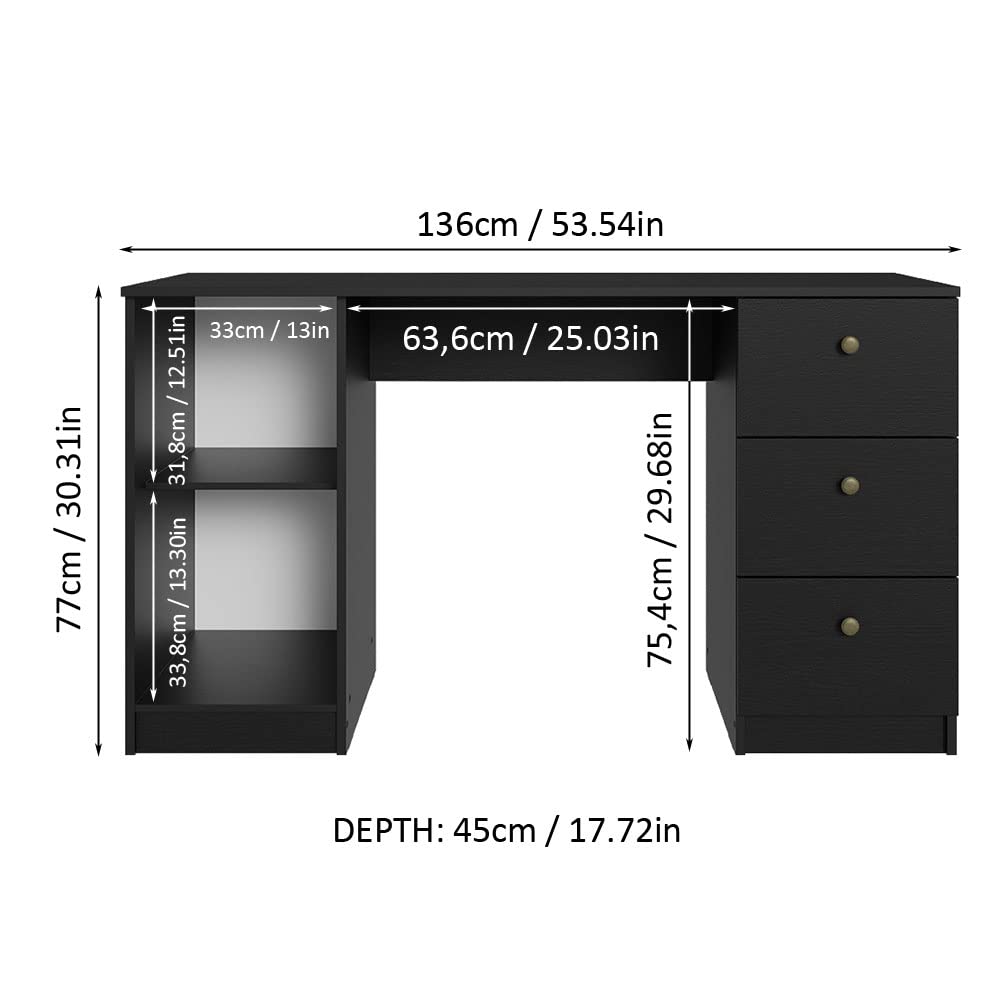 Madesa Executive Computer Writing Desk 53 Inch with 3 Drawers and 1 Door, Metalic Handles Wooden Home Office PC Study Table with Storage - Black