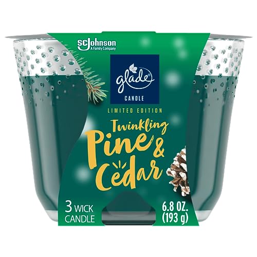 Glade Candle Twinkling Pine & Cedar, Fragrance Candle Infused with Essential Oils, Air Freshener Candle, 3-Wick Candle, 6.8 Oz