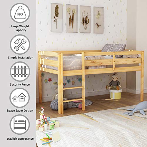 Merax Twin Size Wood Low Loft Bed Frame for Kids Junior Low Loft Bunk Bed with Full Length Guardrails Walnut