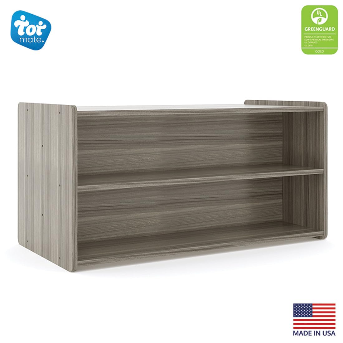 Tot Mate Preschool Double-Sided Wooden 2-Shelf Storage Organizer - Classroom Furniture for Daycare and Playroom, 46" W x 23.5" H (Shadow Elm Gray, Ready-to-Assemble)