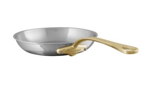 mauviel m'cook b 5-ply polished stainless steel frying pan with brass handle, 10.2-in, made in france