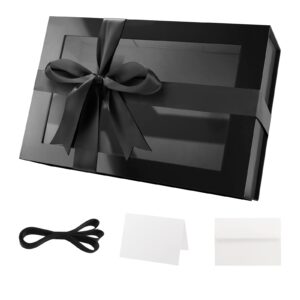 packqueen large black gift box with window, 13.5x9x4.1 inches clear gift box for present contains ribbon, card, groomsman proposal box, extra large gift box with magnetic lid (glossy black)