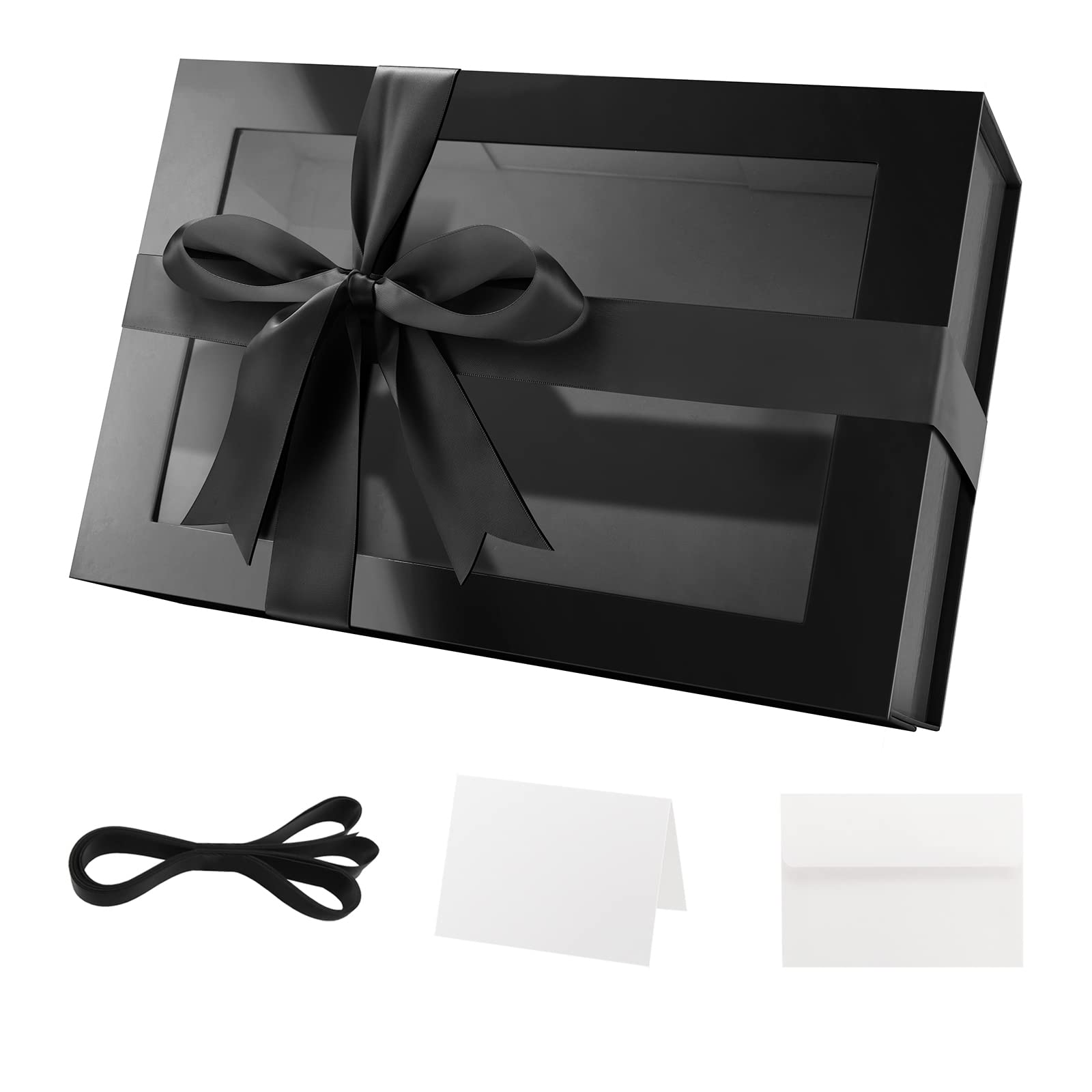 PACKQUEEN Large Black Gift Box with Window, 13.5x9x4.1 Inches Clear Gift Box for Present Contains Ribbon, Card, Groomsman Proposal Box, Extra Large Gift Box with Magnetic Lid (Glossy Black)